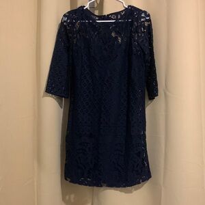 Loft 6P Lined Navy Blue Lace Crochet Shift Mini Dress Elbow Sleeves